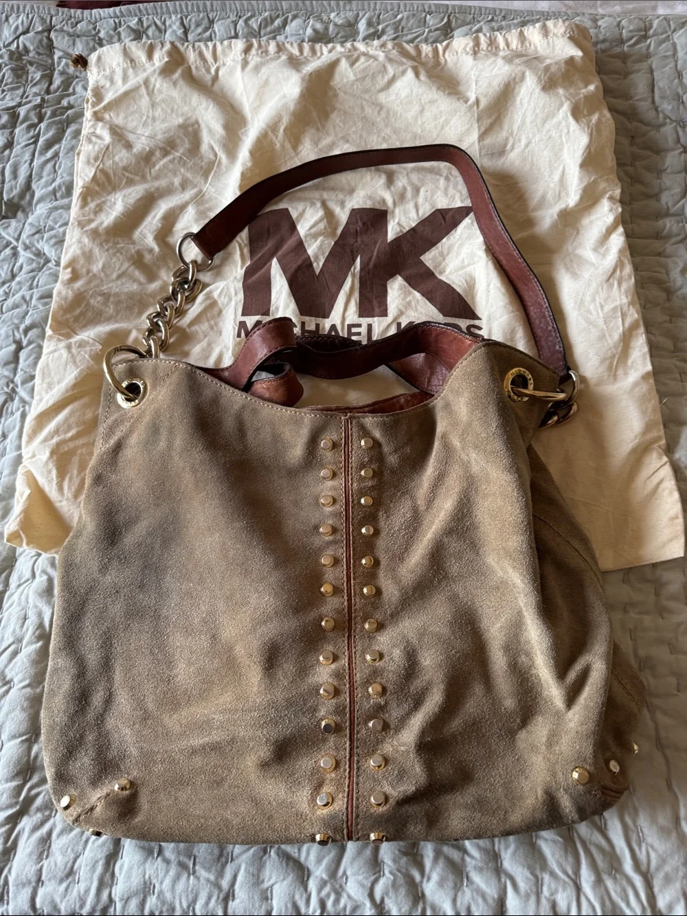 Michael Kors Suede Stud-Accent Shoulder Bag in Taupe and Brown